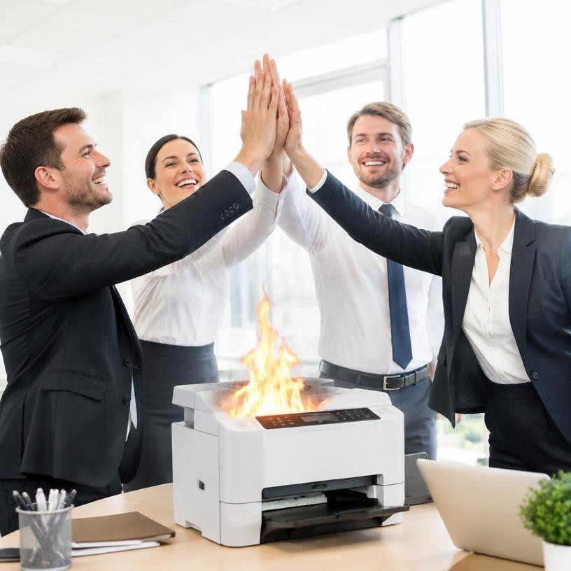 team celebrating Q3 printer fire